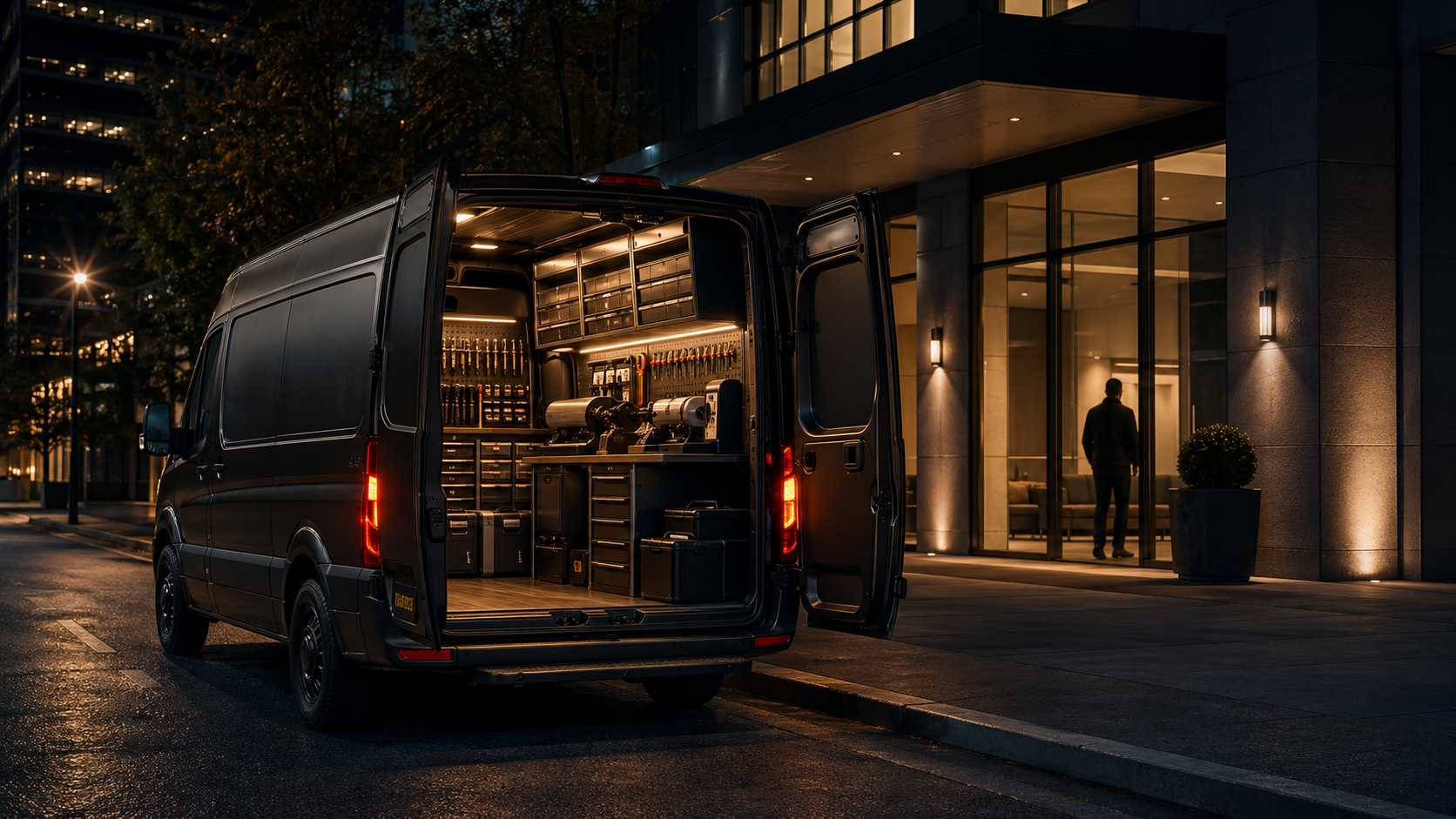 Mobile locksmith van with organized tools and secure cases